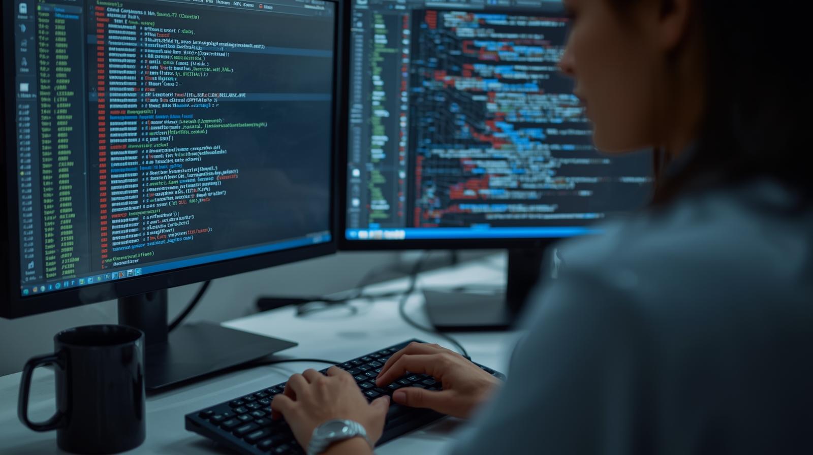 Analyst typing on keyboard while investigating endpoint compromise edr across dual colorful code screens