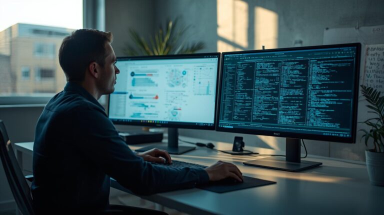 IT professional viewing dual monitors displaying metadata vs full packet capture analysis dashboards and code terminals