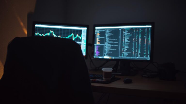 Security analyst monitoring dual screens performing real time network traffic analysis with live data charts