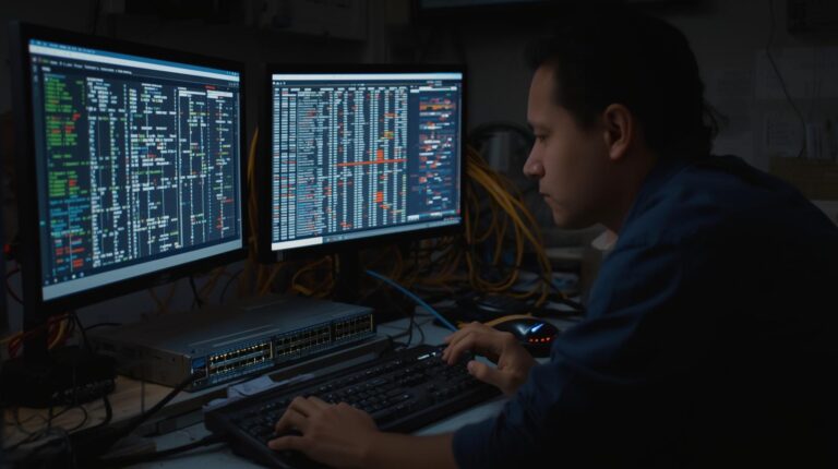 Network engineer monitoring dual screens displaying code for storing processing network metadata in dark operations center