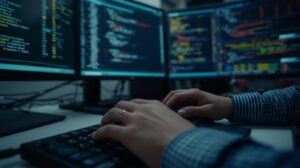 Analyst typing on a keyboard while using edr for incident response across multiple code-filled screens