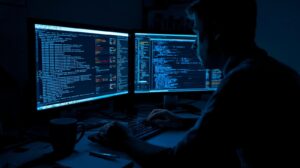 Security analyst working on dual monitors using metadata for threat hunting with blue-lit code displays in dark room