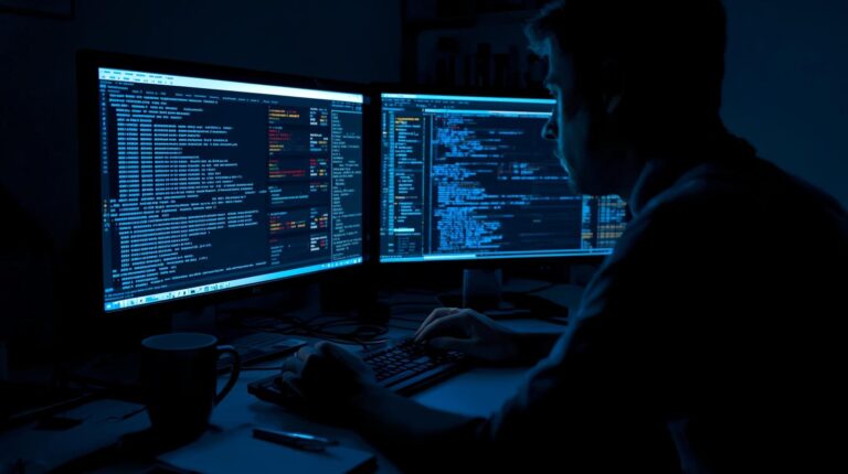 Security analyst working on dual monitors using metadata for threat hunting with blue-lit code displays in dark room