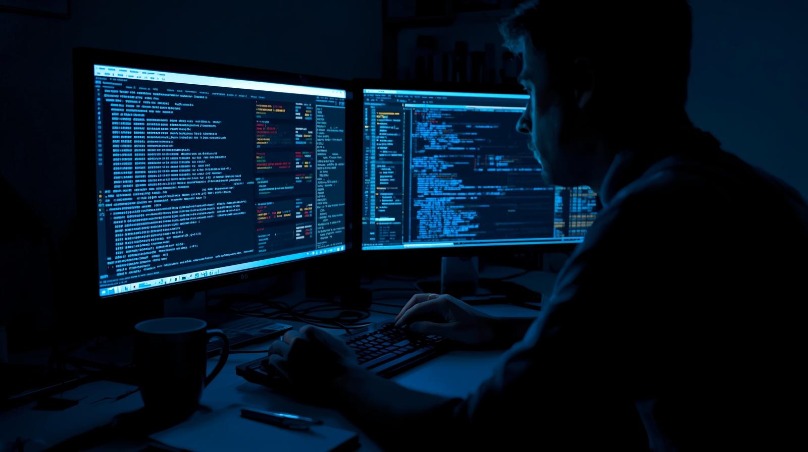 Security analyst working on dual monitors using metadata for threat hunting with blue-lit code displays in dark room