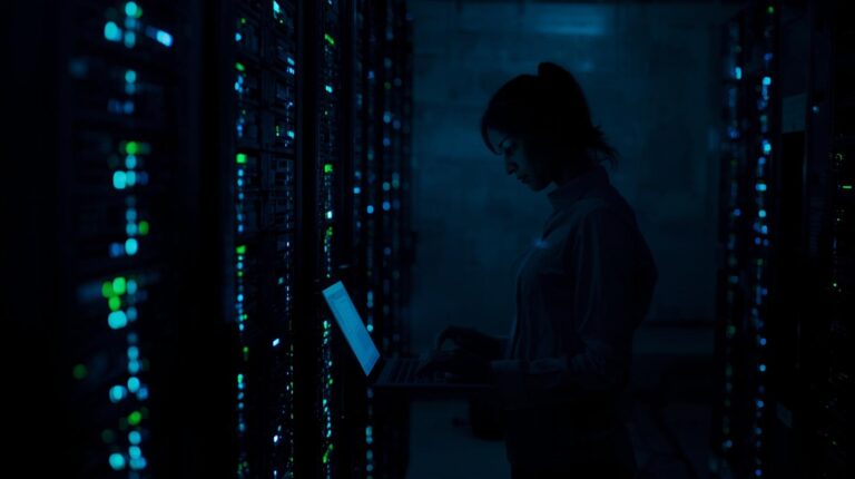 IT professional in server room using tablet demonstrating value of network metadata analysis with blinking lights