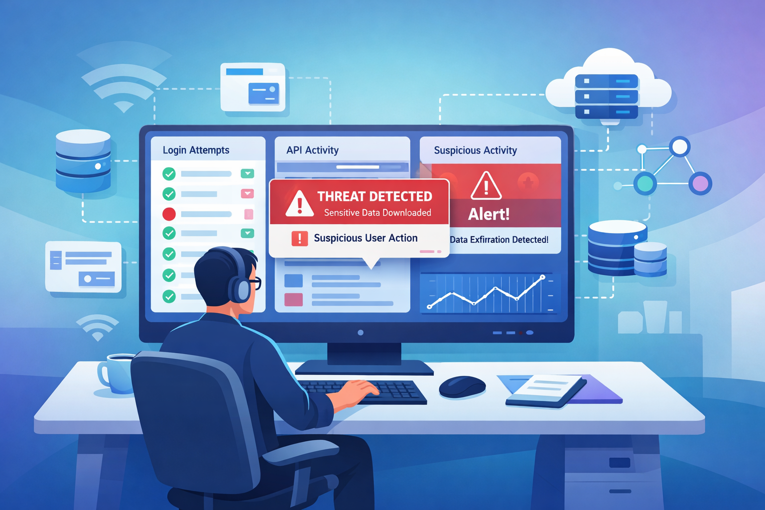 Application Specific Security Logs monitoring interface showing threat alerts triggered by unusual user behavior