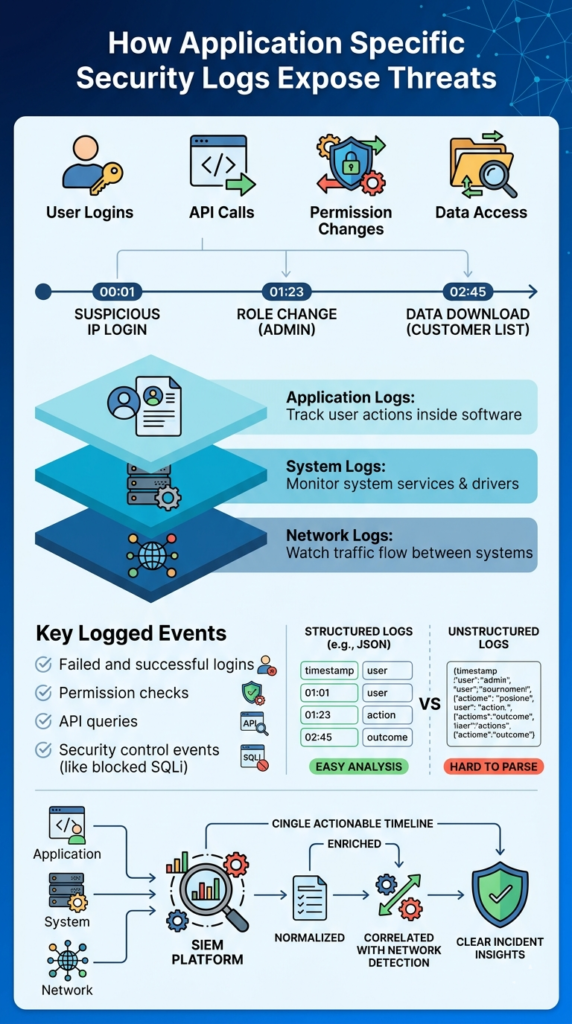 Application Specific Security Logs infographic showing user actions, API calls, and data access tracked in security monitoring systems