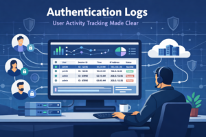 Authentication Logs User Activity Tracking visualization of login attempts, session IDs, and user activity in security dashboard
