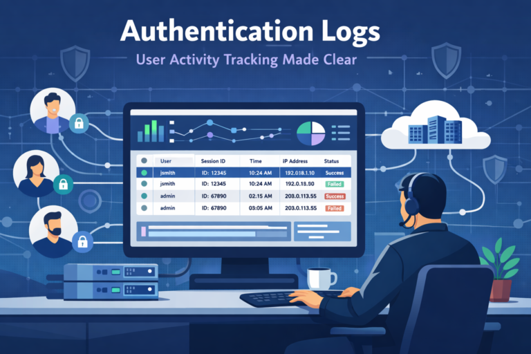 Authentication Logs User Activity Tracking visualization of login attempts, session IDs, and user activity in security dashboard