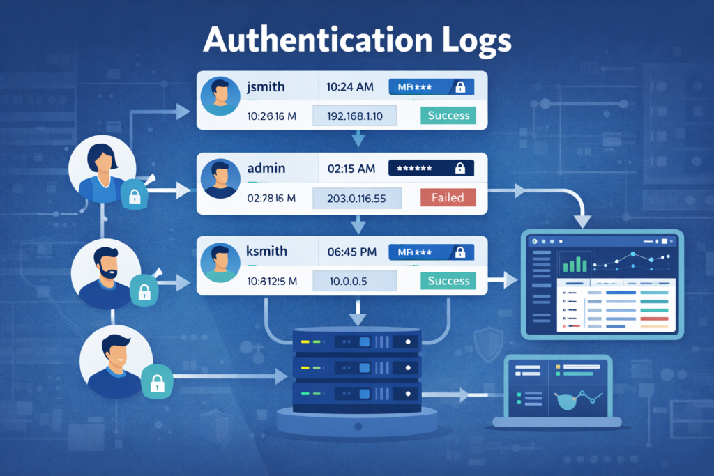 Authentication Logs User Activity Tracking diagram showing login events flowing from users to a central log server