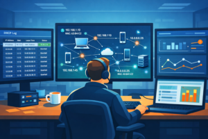 Security analyst using DHCP server log monitoring devices dashboard to track IP addresses and network activity