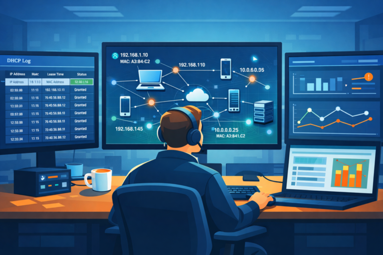 Security analyst using DHCP server log monitoring devices dashboard to track IP addresses and network activity