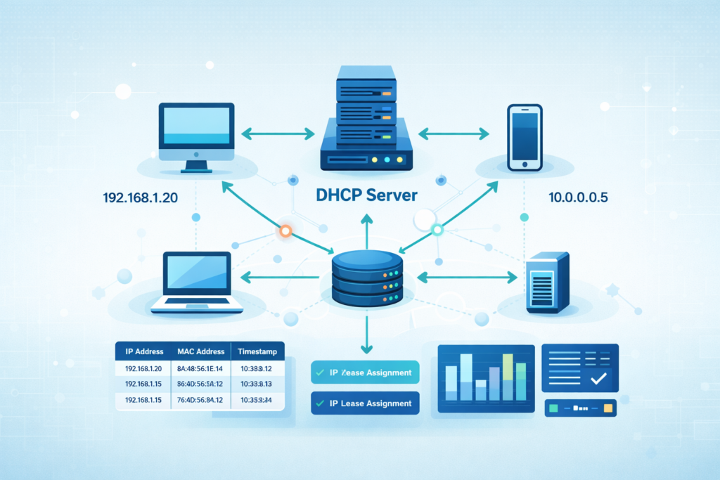 Network illustration showing DHCP server log monitoring devices linking IP addresses to connected endpoints