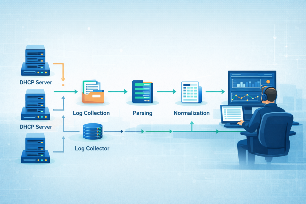 DHCP server log monitoring devices pipeline showing log collection, parsing, normalization, and security analysis dashboard