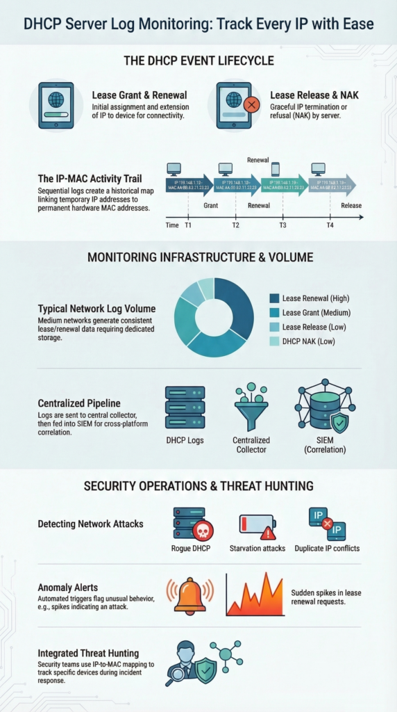 DHCP server log monitoring devices infographic showing lease lifecycle, IP-MAC mapping, and network threat detection workflow