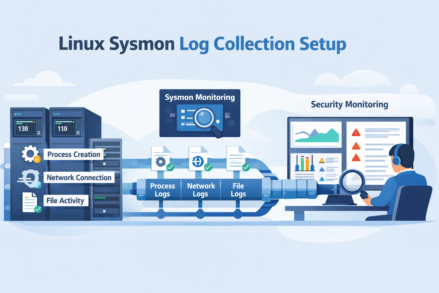 linux sysmon log collection setup architecture showing event collection, log processing pipeline, and security monitoring analysis