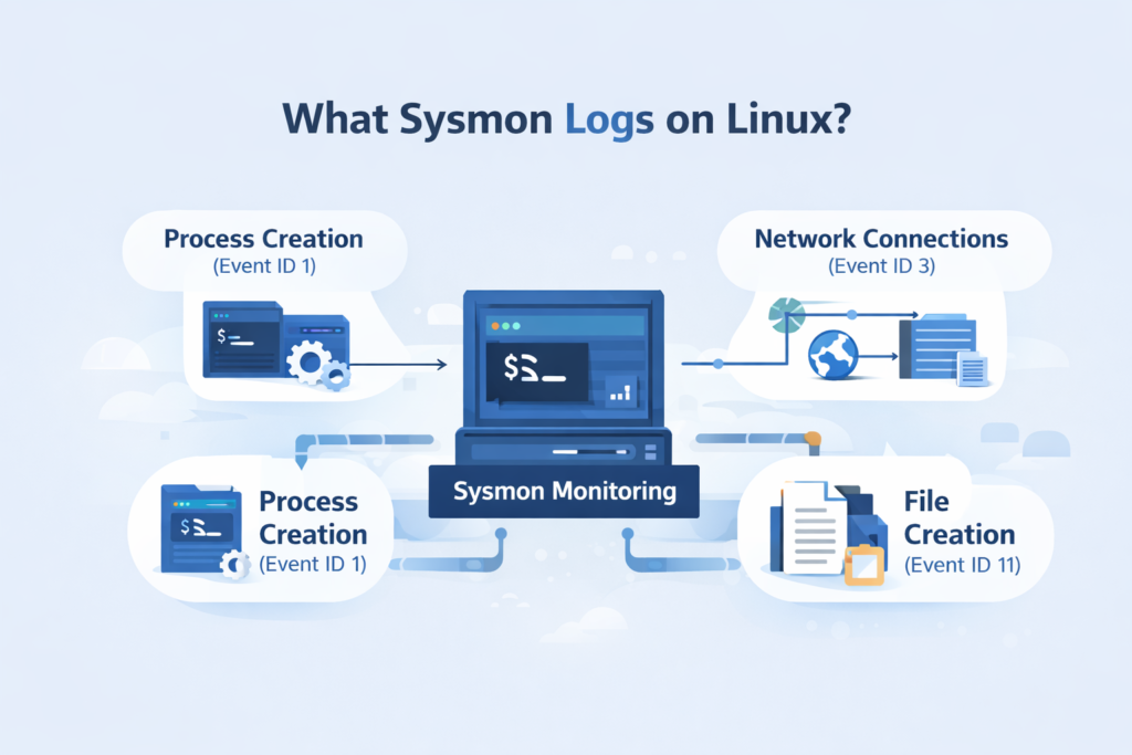 linux sysmon log collection setup diagram showing monitoring of process creation, network connections, and file activity on Linux