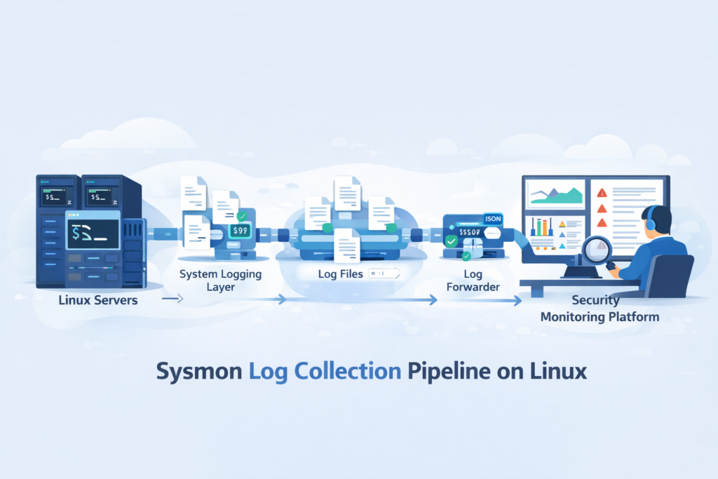 linux sysmon log collection setup architecture showing servers, logging layer, log forwarder, and centralized security analysis dashboard