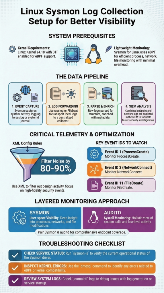 linux sysmon log collection setup infographic showing monitoring pipeline, event IDs, log filtering, and layered Linux security visibility