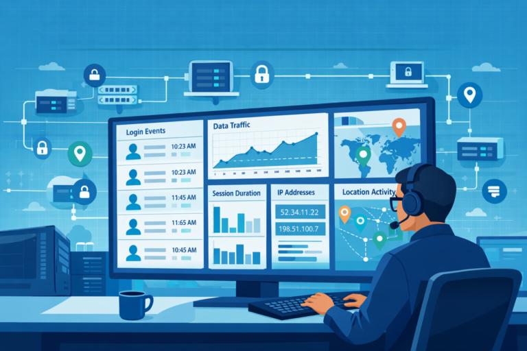 VPN connection logs analysis remote access with SOC analyst reviewing login events, IP addresses, and session activity