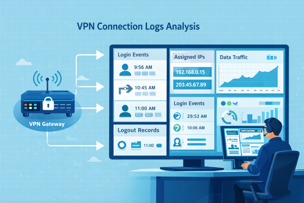 VPN connection logs analysis remote access with security analyst reviewing login records and network traffic metrics.