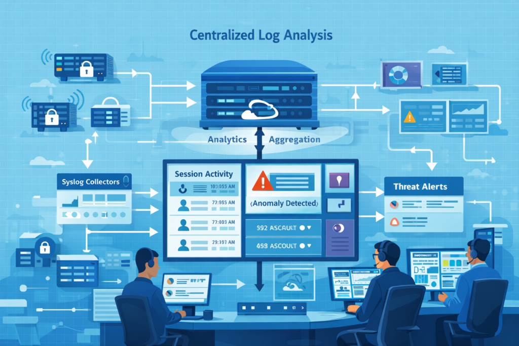 VPN connection logs analysis remote access with centralized analytics platform monitoring sessions and alerts.