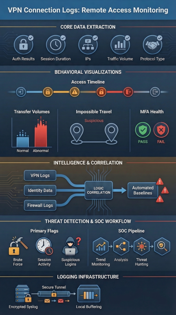 VPN connection logs analysis remote access infographic showing threat detection, log correlation, and monitoring workflow.
