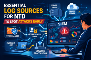 Essential Log Sources for NTD visualized with SIEM dashboard analyzing firewall, authentication, endpoint, and network logs.