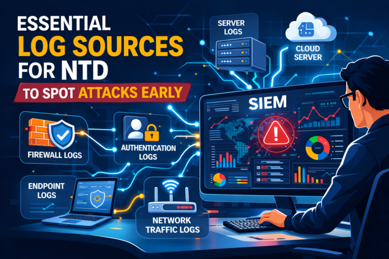 Essential Log Sources for NTD visualized with SIEM dashboard analyzing firewall, authentication, endpoint, and network logs.