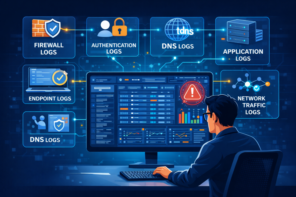  Essential Log Sources for NTD illustrated with cybersecurity analyst monitoring firewall, DNS, application, and network traffic logs.