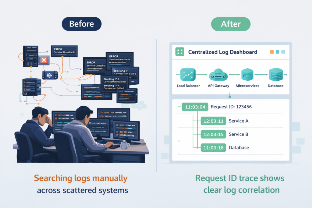 Benefits of centralized log management illustrated by engineers troubleshooting scattered logs versus a unified log dashboard.