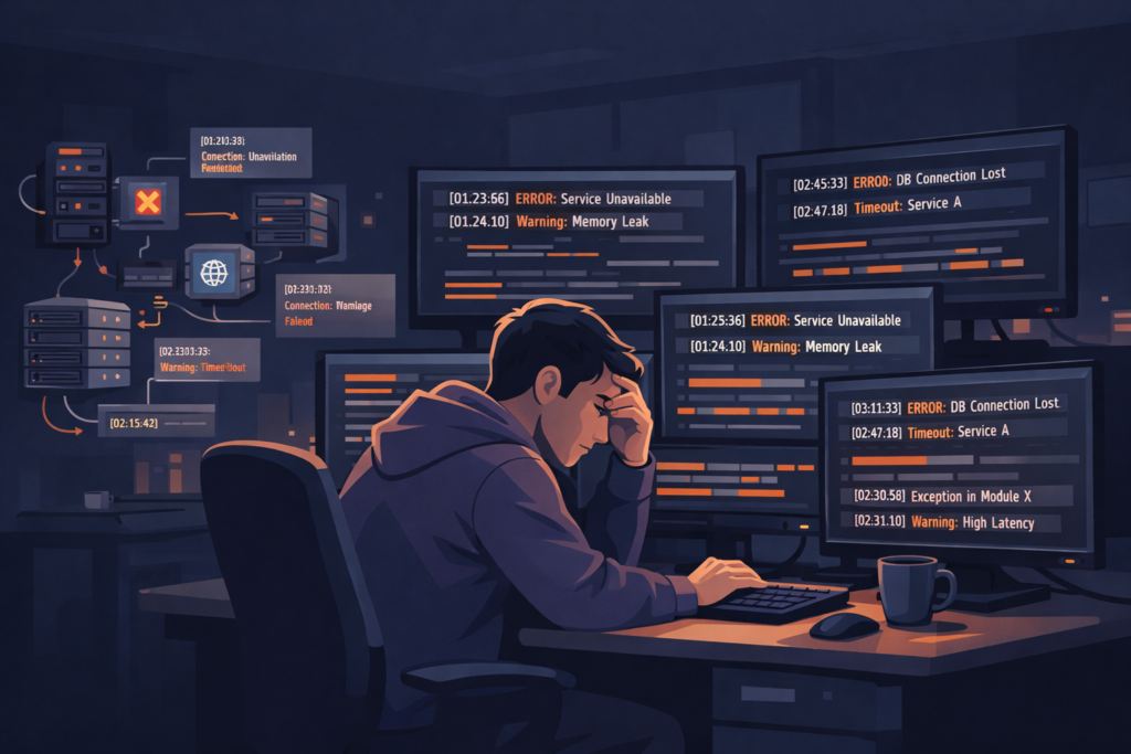 Benefits of centralized log management contrasted with scattered logs as engineer troubleshoots errors across multiple systems.
