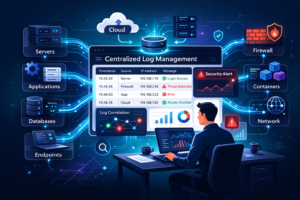 Benefits of centralized log management visualized with unified dashboard collecting logs from servers, cloud, containers, and network systems.