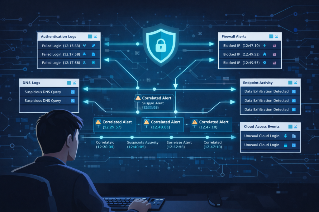 Benefits of centralized log management shown through security dashboard correlating authentication, DNS, firewall, and endpoint logs.