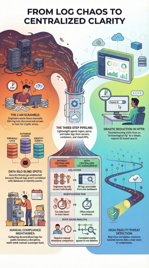 Benefits of centralized log management visualized with log pipelines transforming chaotic system logs into a centralized dashboard.