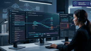 SOC analyst monitoring correlating endpoint host network events across dashboards with alerts and traffic analytics