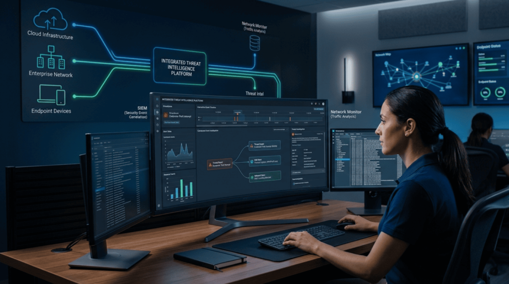 Security analyst using integrated platform for correlating endpoint host network events across enterprise systems