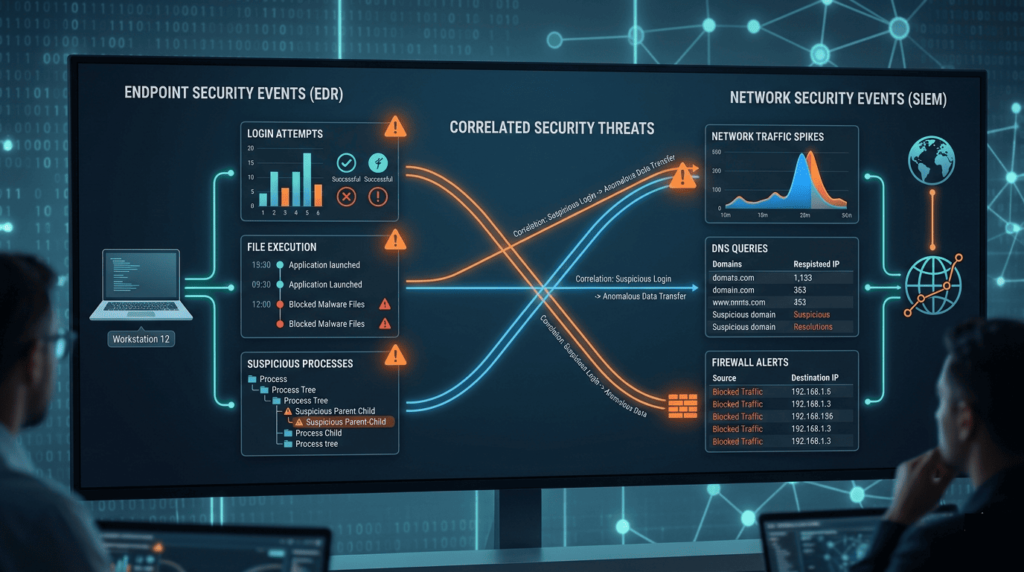 Diagram showing correlating endpoint host network events between EDR and SIEM with threat detection flows