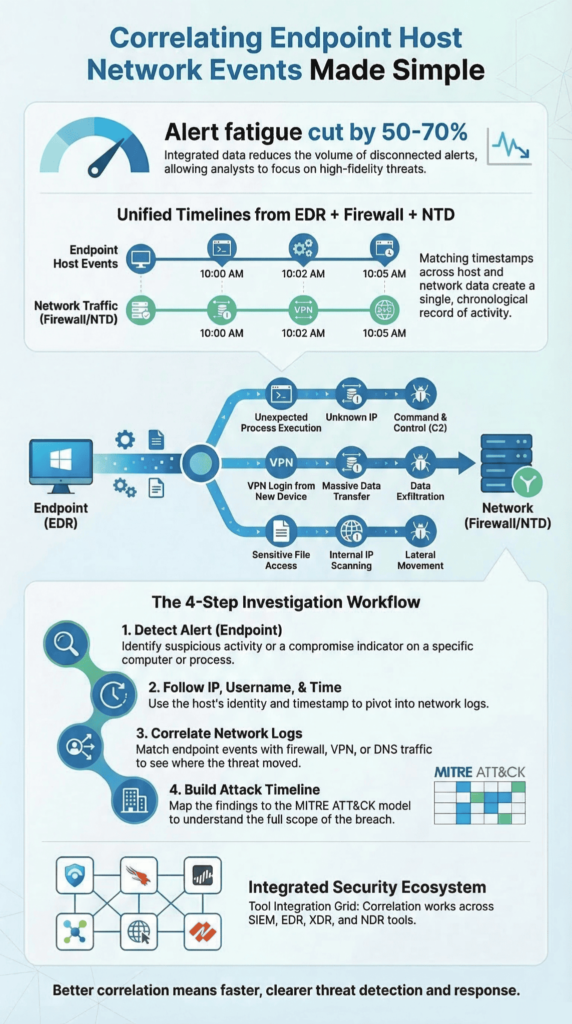Infographic illustrating correlating endpoint host network events with a 4-step investigation workflow and unified timelines
