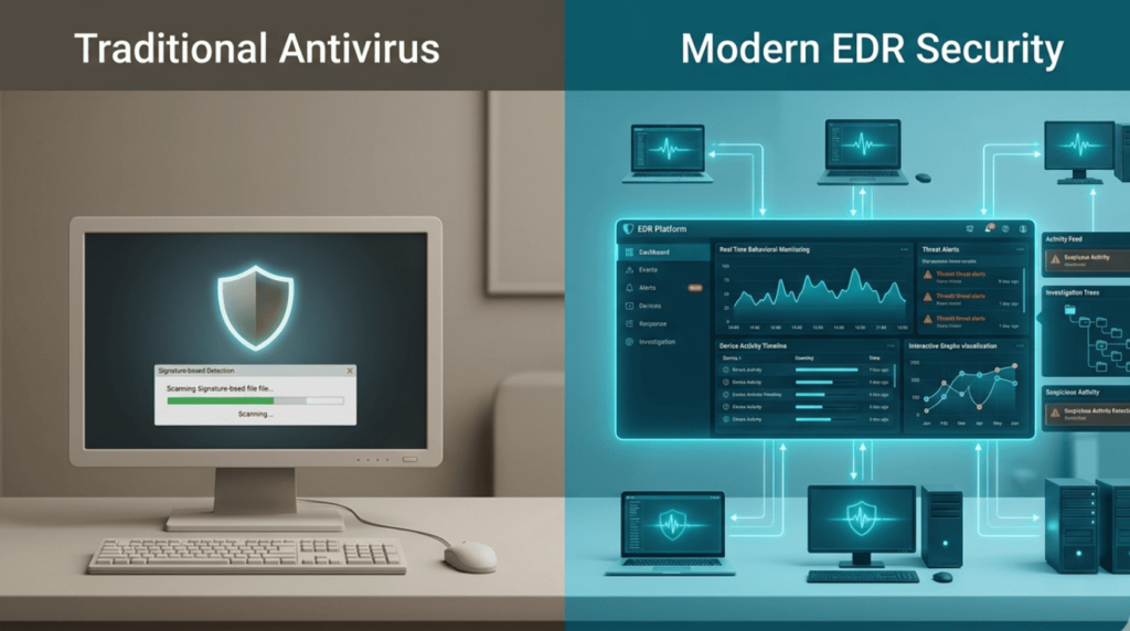 Comparison of traditional antivirus and Integrating Endpoint Data (EDR) security with real-time behavioral monitoring platform.