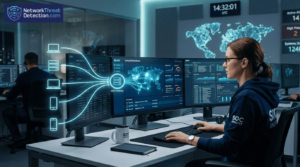 SOC analyst monitoring Integrating Endpoint Data (EDR) dashboards across multiple screens in a security operations center.