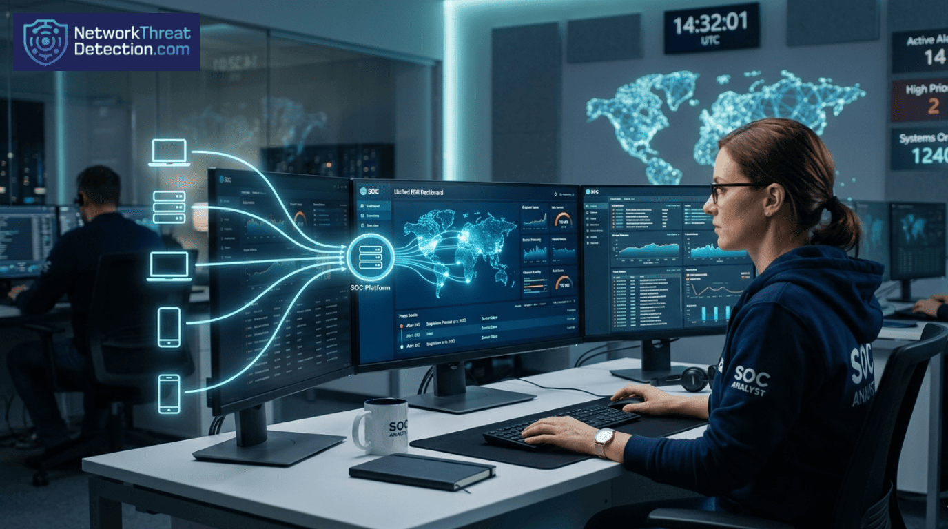 SOC analyst monitoring Integrating Endpoint Data (EDR) dashboards across multiple screens in a security operations center.