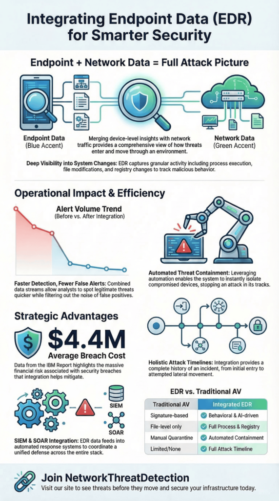 Infographic illustrating Integrating Endpoint Data (EDR) benefits including breach cost reduction, SIEM integration, and automated threat containment.