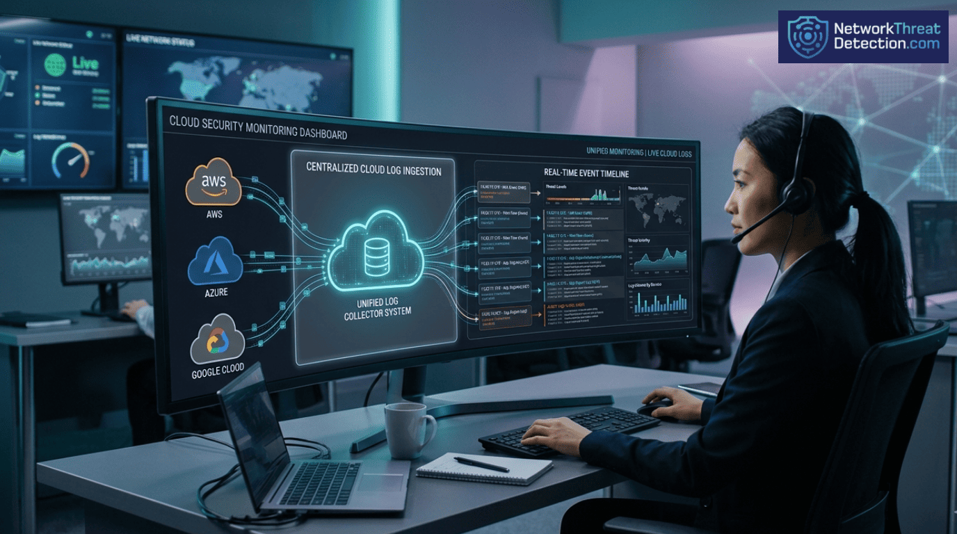 Cloud Environment Log Collection dashboard showing AWS, Azure, and Google Cloud unified monitoring system.