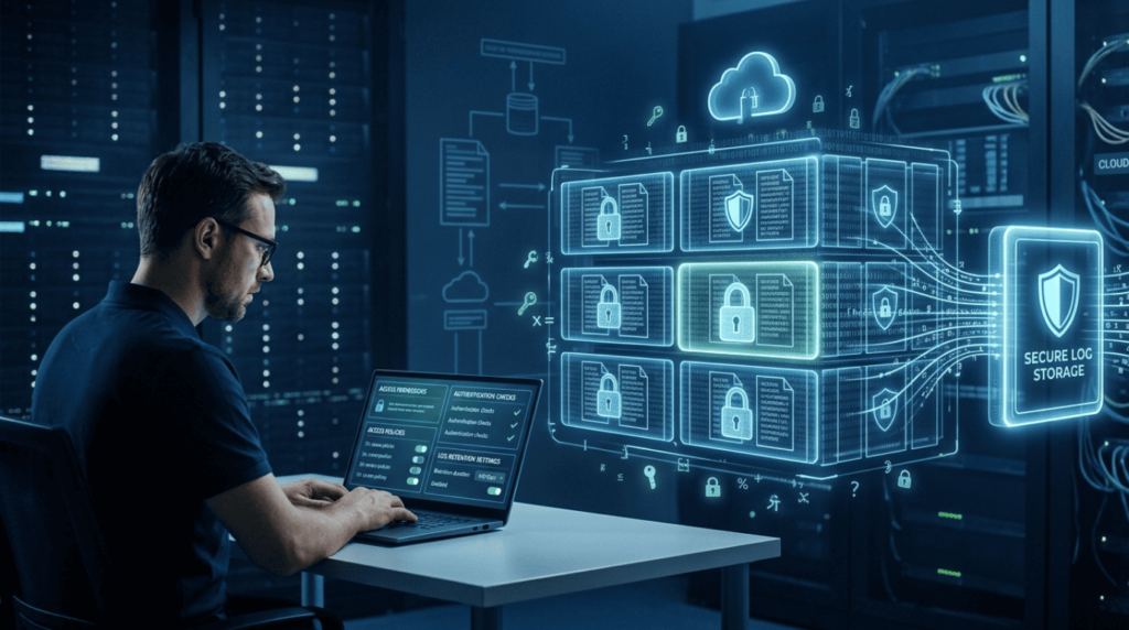 Cloud Environment Log Collection secured with encrypted storage layers, access policies, and authentication controls.