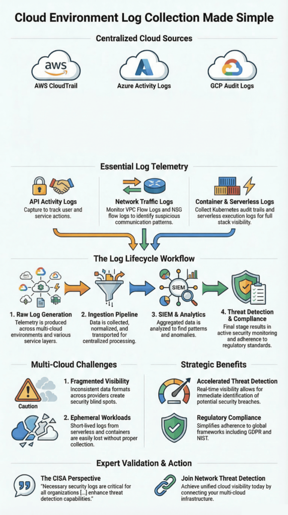 Cloud Environment Log Collection infographic showing log lifecycle, multi-cloud challenges, and SIEM analytics workflow.