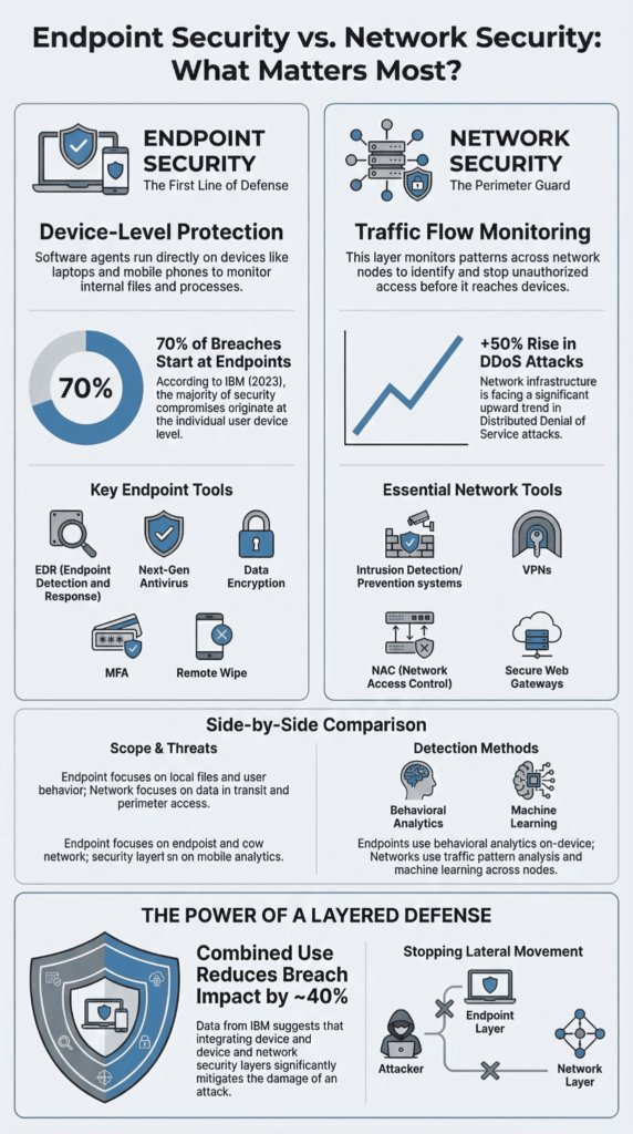 Infographic comparing endpoint security vs network security tools, breach statistics, and layered defense strategies