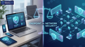 Visual scale weighing endpoint security vs network security, showing devices on the left and network infrastructure on the right