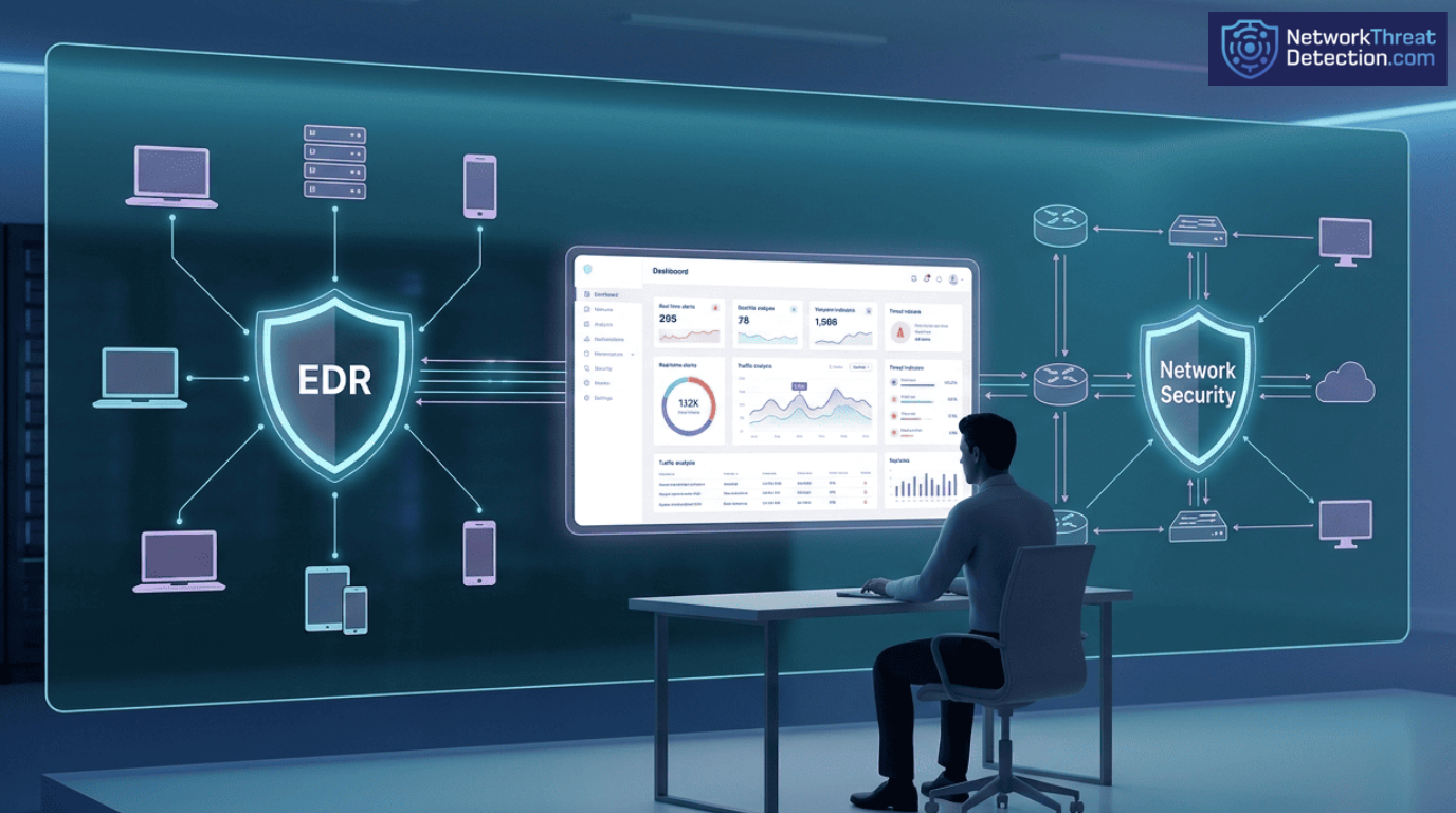 Security professional monitoring the benefits integrating EDR network security on a unified threat dashboard