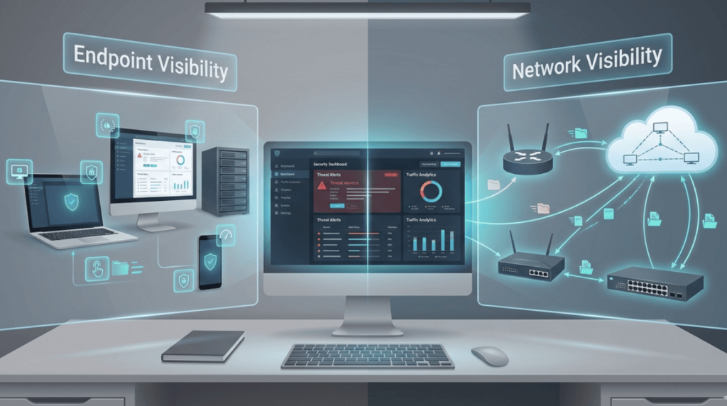 Dashboard comparing endpoint and network visibility, highlighting the benefits integrating EDR network security
